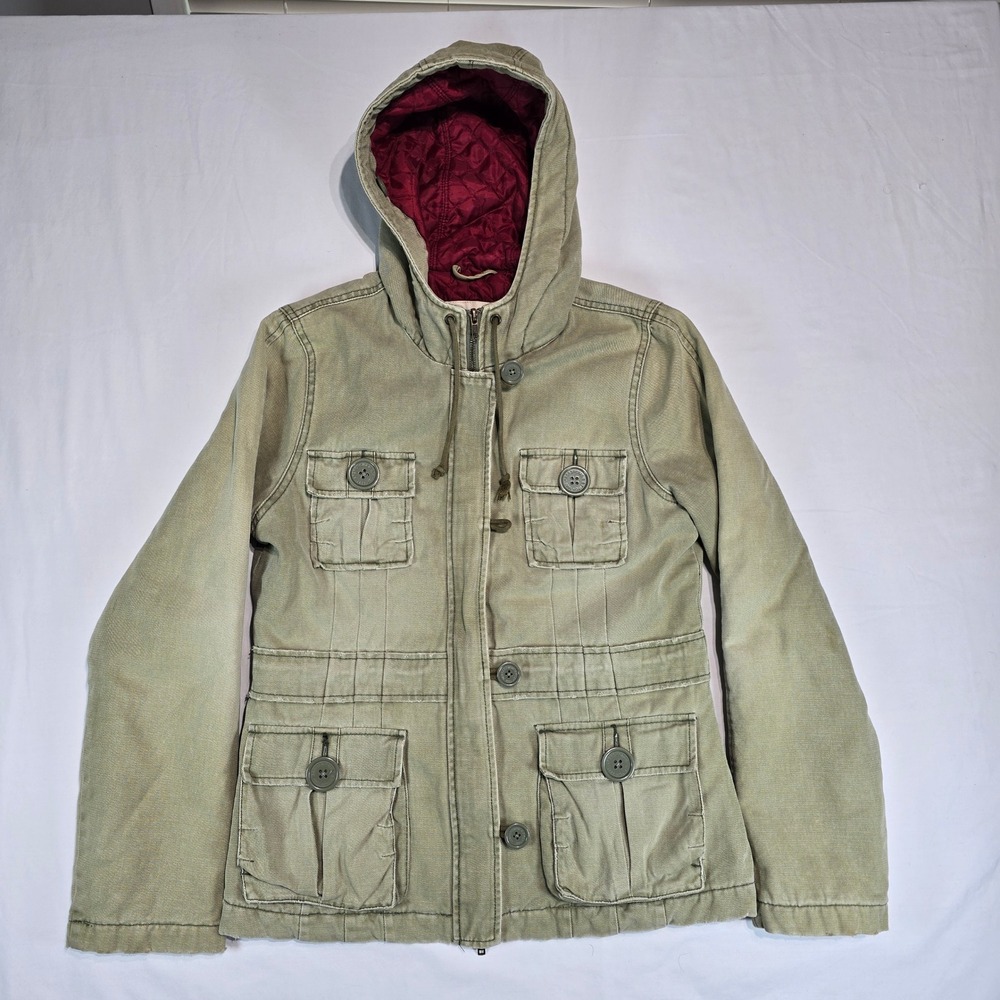 VINTAGE Abercrombie & Fitch Womens Utility Field Jacket Green Hooded Quilted L